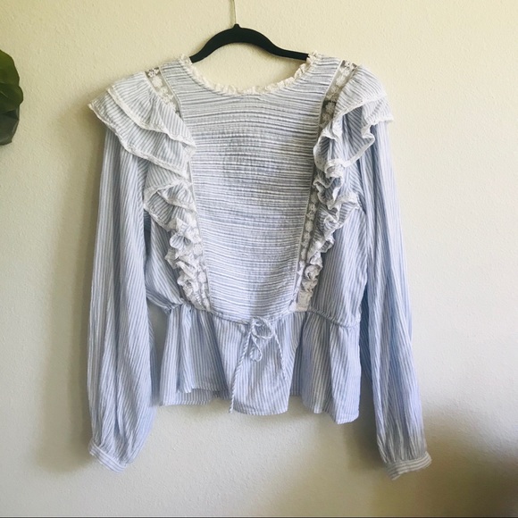 Free People Ruffle Stripe Lace Blouse Top - Picture 3 of 8